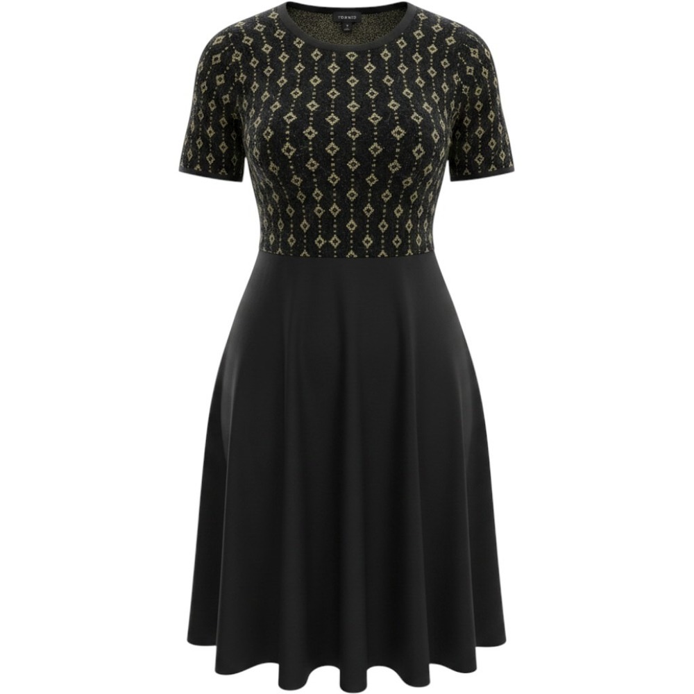 Torrid Dress Womens 0 Black Gold Metallic Geometric Knit Fit Flare Short Sleeve